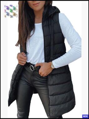 Slim Fit Long Puffer Vest Hooded Sleeveless Casual Winter Outerwear Lightweight